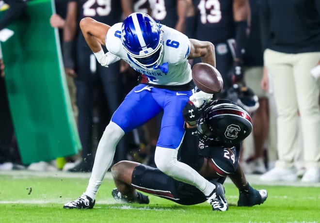 A South Carolina defender stripped the ball from Kentucky wide receiver Dane Key during the first half of Saturday's game in Columbia.