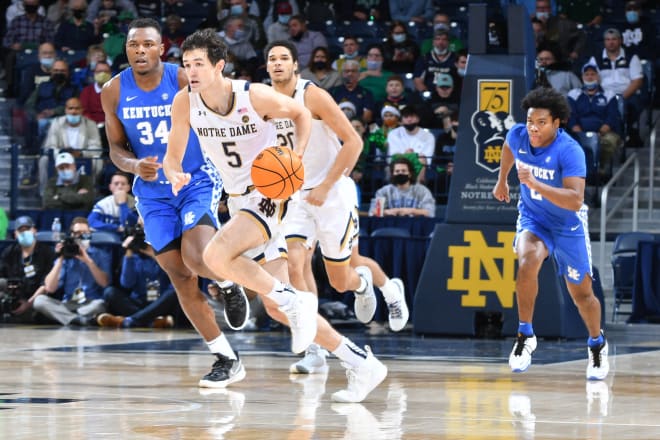 Notre Dame's Cormac Ryan drove down the court in Saturday's game against Kentucky.
