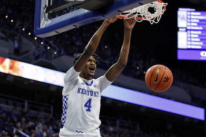 Kentucky freshman Daimion Collins slammed in two of his 14 points in the No. 10 Wildcats' 100-60 win over Robert Morris on Friday night at Rupp Arena.