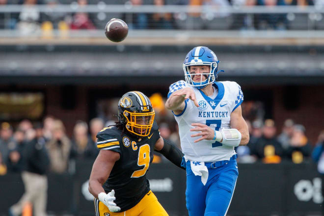 Kentucky's Will Levis threw a pass under pressure during Saturday's game at Missouri.