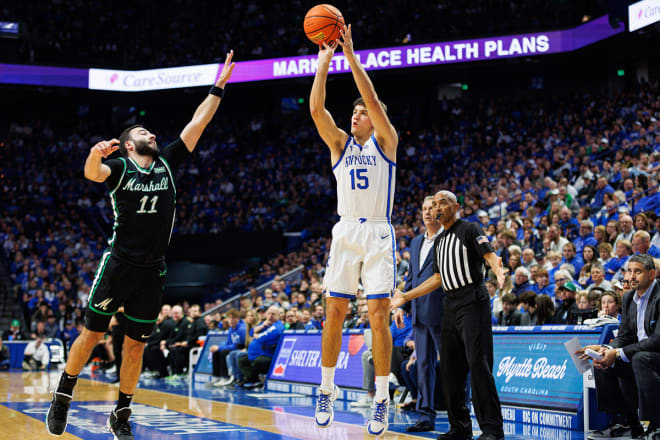 Kentucky freshman guard Reed Sheppard lined up a 3-pointer during Friday's game against Marshall at Rupp Arena.