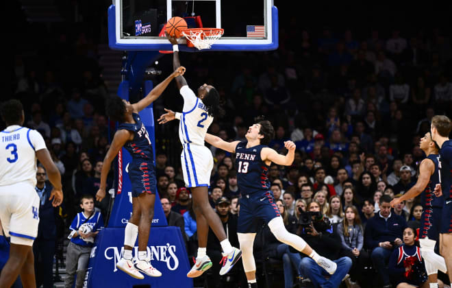 Kentucky's Aaron Bradshaw put up a shot at the rim during Saturday's game against Penn in Philadelphia. 