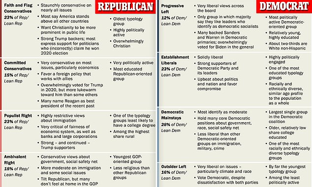 The Pew Research Center released a report Tuesday that put Americans into nine political groups - four that lean left, four that lean right, and the 'stressed sideliners,' who have a minimal interest in politics