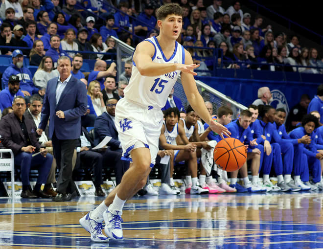 Kentucky freshman guard Reed Sheppard directed the Wildcats' offense during Friday's win over Stonehill at Rupp Arena.