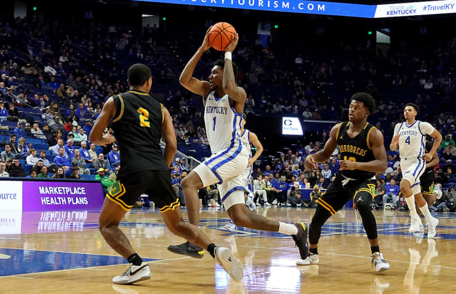 Kentucky's Justin Edwards slashed through the Kentucky State defense during Thursday's exhibition game at Rupp Arena.