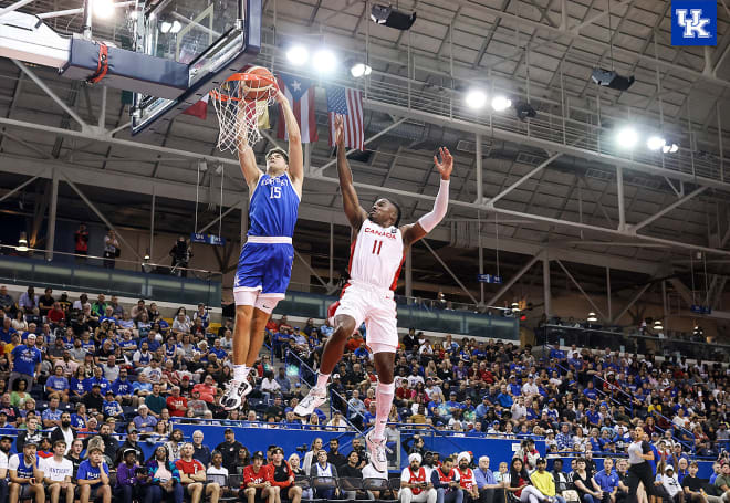 Kentucky freshman guard Reed Sheppard soared for a dunk in the first half of Thursday's win over Canada.