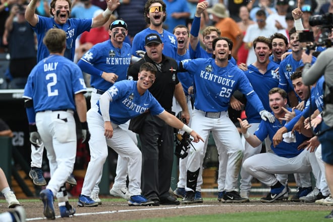 Mitchell Daly's Kentucky teammates waited for his arrival at home plate after the senior third baseman hit a two-out, walk-off home run in the 10th inning to beat NC State 5-4 on Saturday at the College World Series in Omaha, Neb.