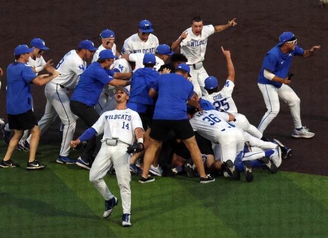 Kentucky's players celebrated with the traditional dogpile after recording the final out against Indiana in a 4-2 win over the Hoosiers to claim the NCAA Lexington Regional championship.