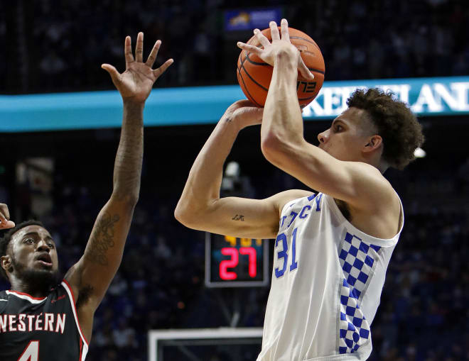 Kentucky's Kellen Grady was fouled on a 3-point attempt in Wednesday's game against Western Kentucky. Grady sored a game-high 23 points for the Wildcats.