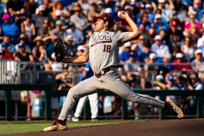 Texas A&M left-hander Ryan Prager tossed 6 2/3 innings before allowing a hit on Monday in the Aggies' 5-1 win over Kentucky at the College World Series in Omaha, Neb.