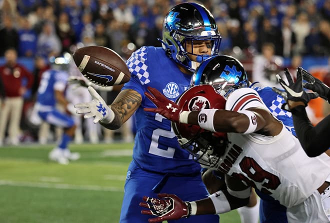 South Carolina's David Spaulding broke up a reverse attempt from Kentucky's Chris Rodriguez to Barion Brown on the first play of Saturday's game at Kroger Field. It led to an early Gamecocks touchdonwn that helped pave the way to a 24-14 upset of the No. 13 Wildcats.