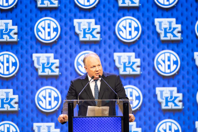 Kentucky head coach Mark Stoops addressed the crowd at Thursday's Q&A session at SEC Media Days in Dallas.