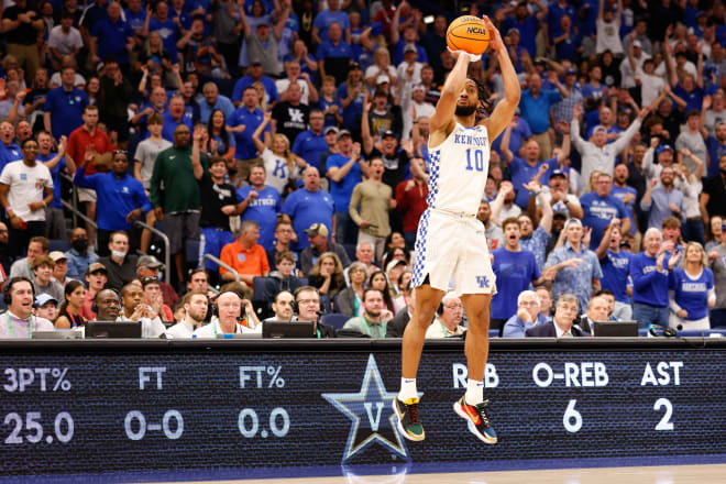 Davion Mintz launched a 3-pointer for Kentucky in Friday night's SEC quarterfinals matchup with Vanderbilt.