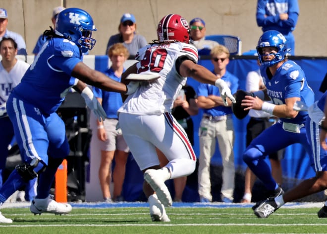 Kentucky quarterback Brock Vandagriff was pressured repeatedly during last week's 31-6 loss to South Carolina. 