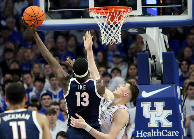 Gonzaga's Graham Ike scored over Kentucky center/forward Zvonimir Ivisic for two of his game-high 23 points in the Bulldogs' 89-85 win over the Wildcats on Saturday at Rupp Arena.