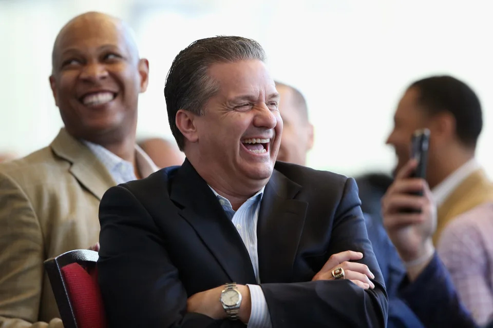 HOUSTON, TEXAS - APRIL 03:  Head coach John Calipari of the Kentucky Wildcats reacts during the 2016 Naismith Awards Brunch at Hobby Center for the Performing Arts on April 3, 2016 in Houston, Texas.  (Photo by Tim Bradbury/Getty Images)